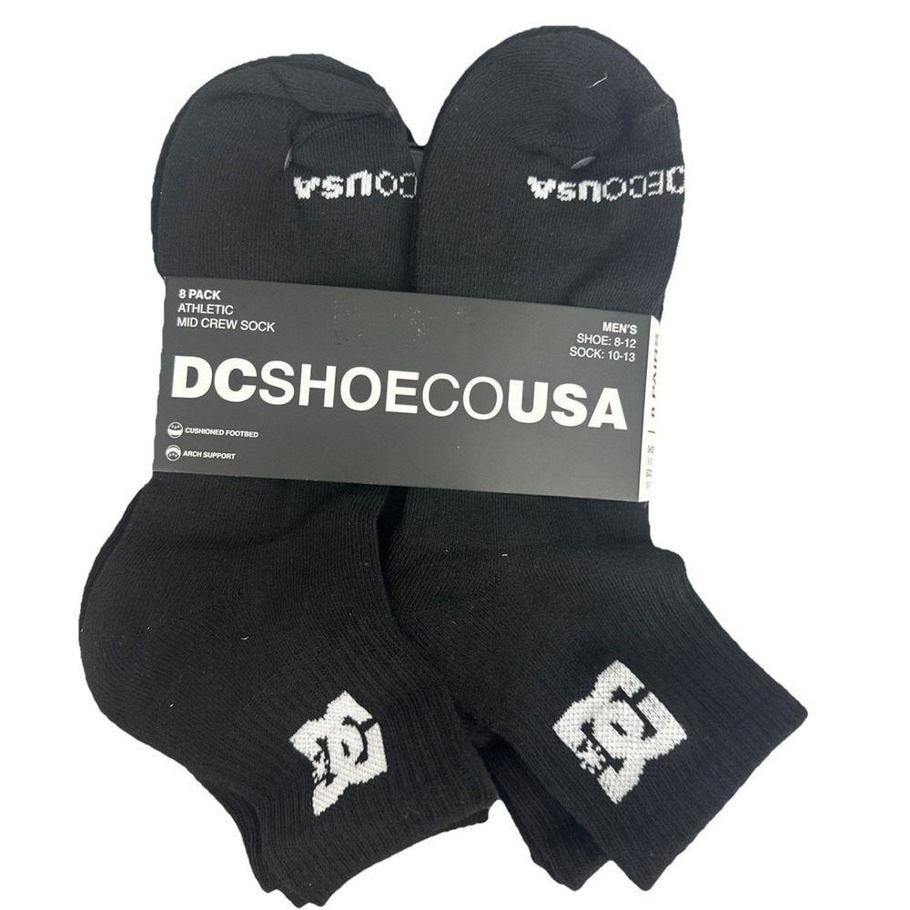 New DC Shoes 8 Pack Athletic Sport Active Cush Ribbed Mid Crew Logo Socks Black